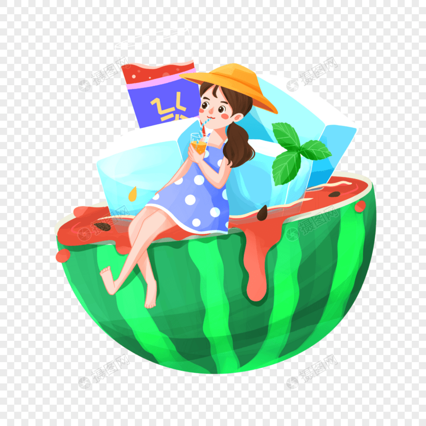 坐在西瓜上喝冷饮的女孩图片