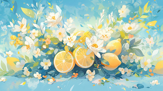 柠檬汁柠檬饮料小清新卡通花丛中新鲜柠檬与瓶装柠檬汁插画