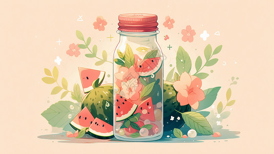 小清新卡通粉色透明瓶中装满西瓜和花朵高清图片
