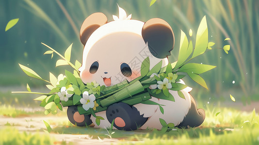 抱着竹子开心笑的卡通大熊猫高清图片