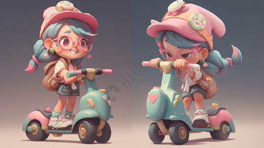 骑电瓶车戴粉色帽子骑滑板车可爱立体卡通女孩插画