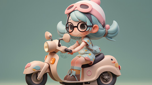 小电动车蓝色头发戴粉色帽子骑电动车的立体卡通女孩插画