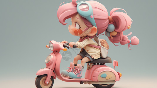 粉色长发骑粉色电动车的可爱立体卡通女孩图片