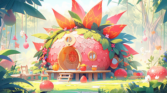 在森林中的粉色卡通水果房子背景图片