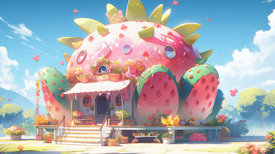 草莓屋晴天粉色卡通水果小木屋插画