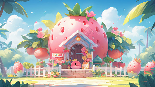 草莓屋小清新粉色卡通水果屋插画