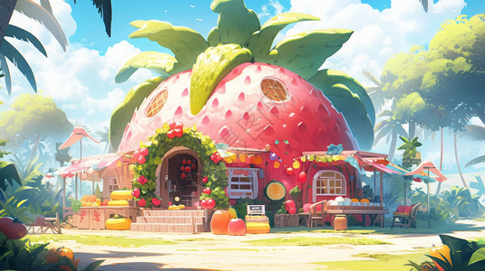 卡通草莓屋森林中巨大的粉色水果屋插画