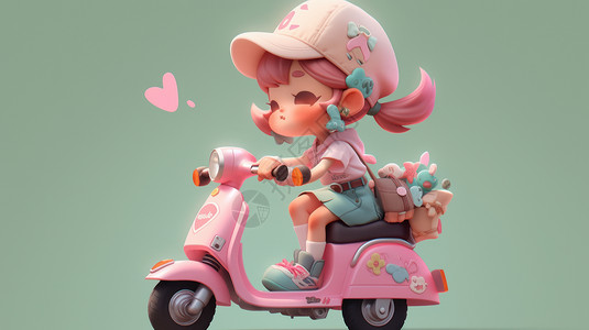 小电动车背着包戴着帽子骑电动车的卡通小女孩插画