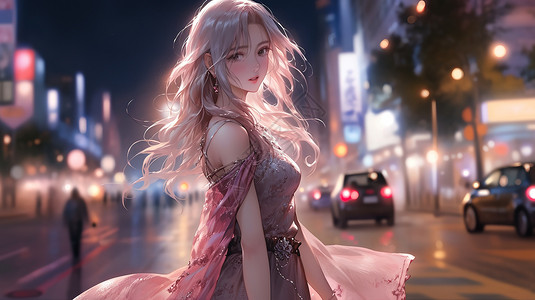 晚上街道上飘逸长裙的美丽女孩插画