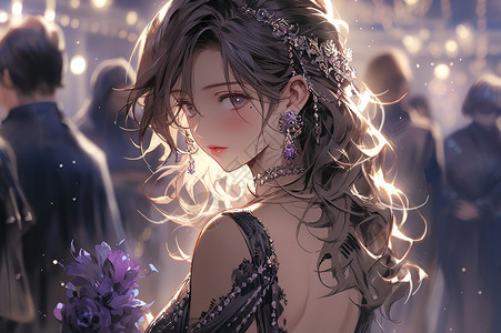 黑紫色背景上紫色婚纱的唯美新娘插画