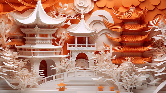 白橙撞色剪纸风立体古风建筑与山水风景背景图片