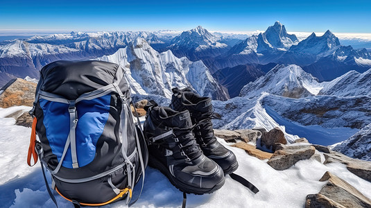 珠穆朗玛峰上的背包登山鞋背景图片