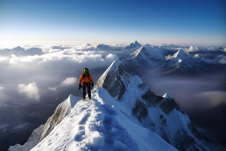 登山者在攀登珠穆朗玛峰高清图片