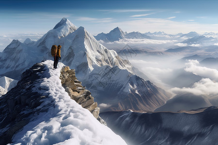 站在高峰登山者在攀登珠穆朗玛峰插画
