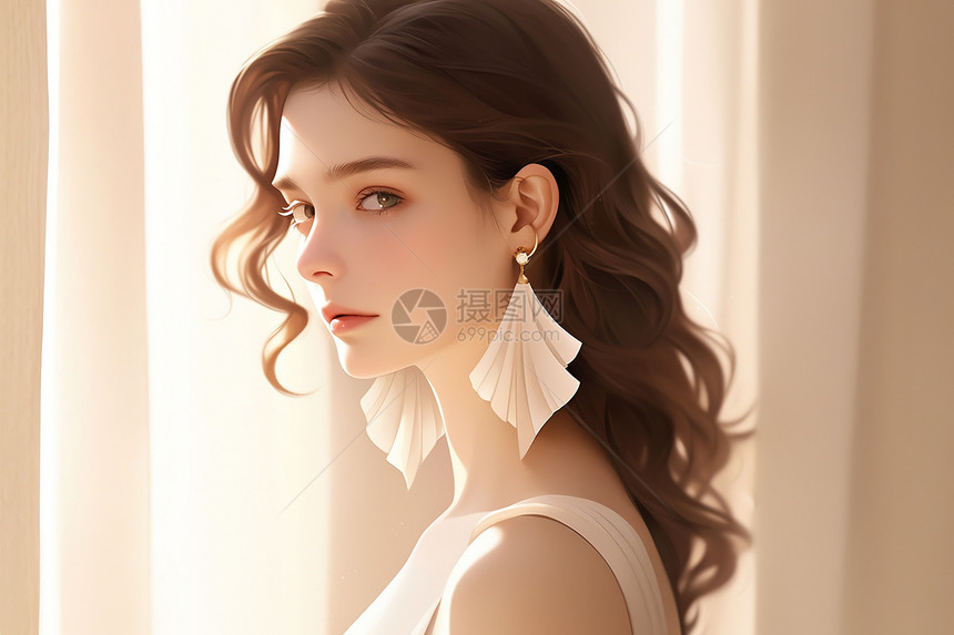美丽的模特佩戴几何时尚扇形耳环图片