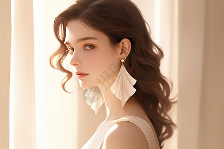 脖子模特美丽的模特佩戴几何时尚扇形耳环插画