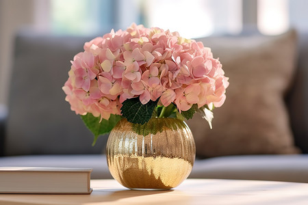 桌子美丽的粉红色绣球花背景图片