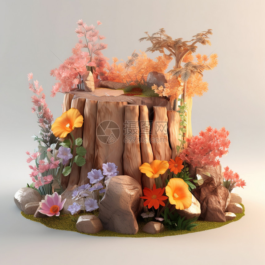 3d树桩花卉模型字艺术图片