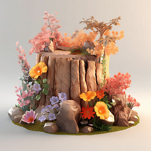 3d树桩花卉模型字艺术图片