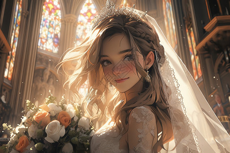 西式婚纱婚礼教堂美丽幸福新娘插画