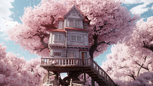 木屋与樱花树图片