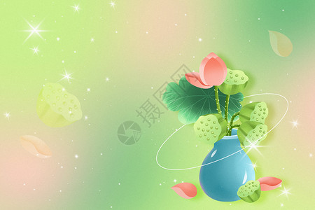 荷花扇子和花瓶绿色创意莲花夏日背景设计图片