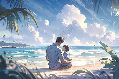 海边父亲与孩子玩耍背景图片