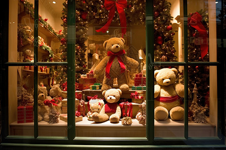 橱窗装饰橱窗展示圣诞节时尚礼物熊插画