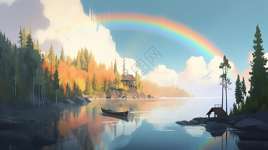 美丽森林湖面彩虹图片