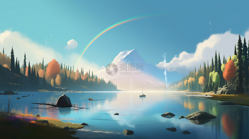 美丽森林湖面彩虹图片