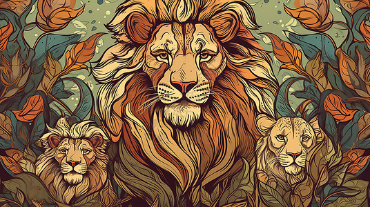 彩色复古绘画狮子图片