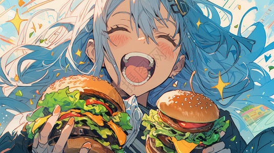 张嘴的女人拿着汉堡要吃的可爱蓝色头发卡通女孩插画