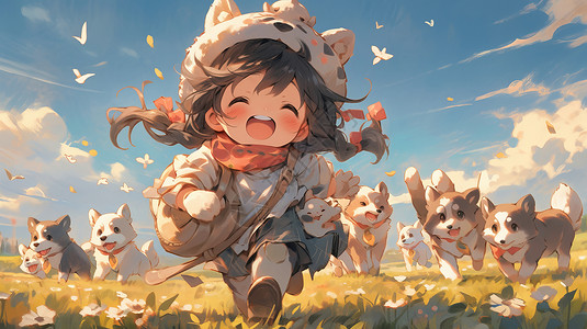 田野间女孩卡通女孩与宠物狗一起奔跑在田野间插画