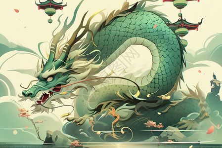 绿色大气龙年年会中国风大气磅礴端午节海报青龙插画