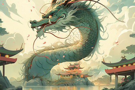 大气磅礴的背景中国风端午节海报大气磅礴的青龙插画