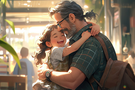 街道上父亲微笑拥抱女儿父亲节背景图片
