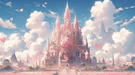 梦幻卡通城堡粉色云朵背景图片