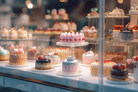 蛋糕店橱窗蛋糕店里面的蛋糕甜点面包插画