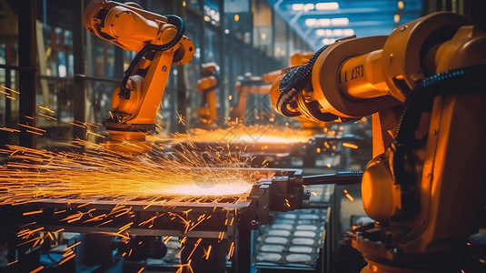 机器臂机器人在工厂焊接金属火花插画