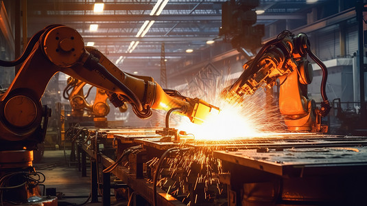 金属机器人机器在工厂焊接金属火花插画