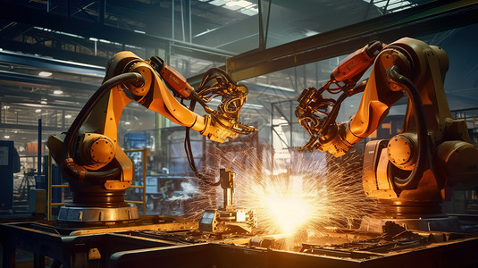 机器人焊接机器臂在工厂焊接金属火花插画