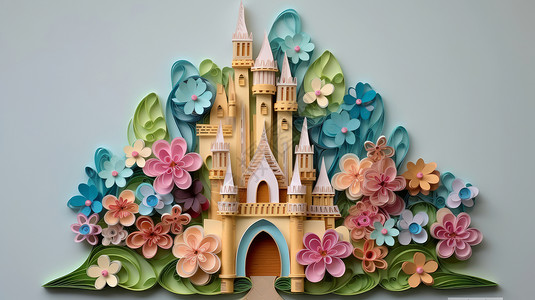 被花朵围绕的卡通衍纸手工城堡背景图片