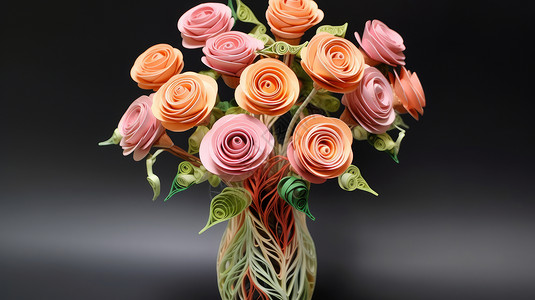 黑色艺术花瓶手工衍纸玫瑰花在花瓶中的花束插画
