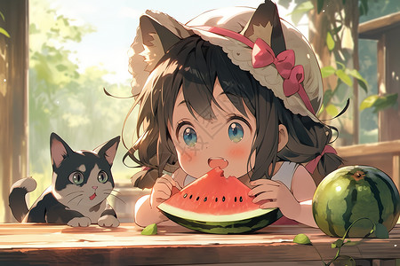 夏至插画吃西瓜的小女孩动漫背景图片