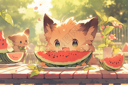 夏至可爱风格海报小猫咪开心吃西瓜图片