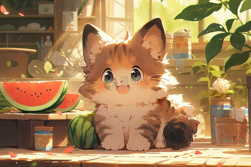 夏至可爱小猫咪开心吃西瓜图片
