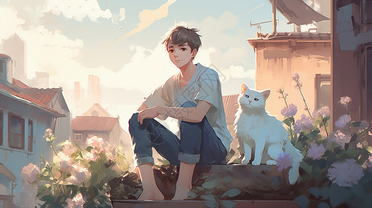 阳光下的少年和猫背景图片