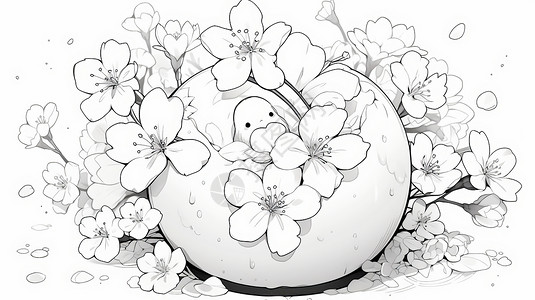 水果线稿黑白线稿樱花包围着一个大水果与小精灵插画