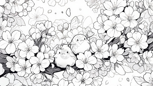 黑白线稿站在樱花树上的可爱小鸟图片