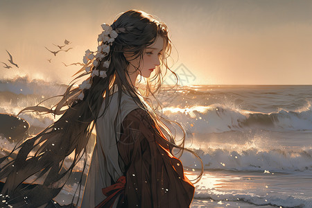 身穿汉服女孩坐在海滩上看日落背景图片